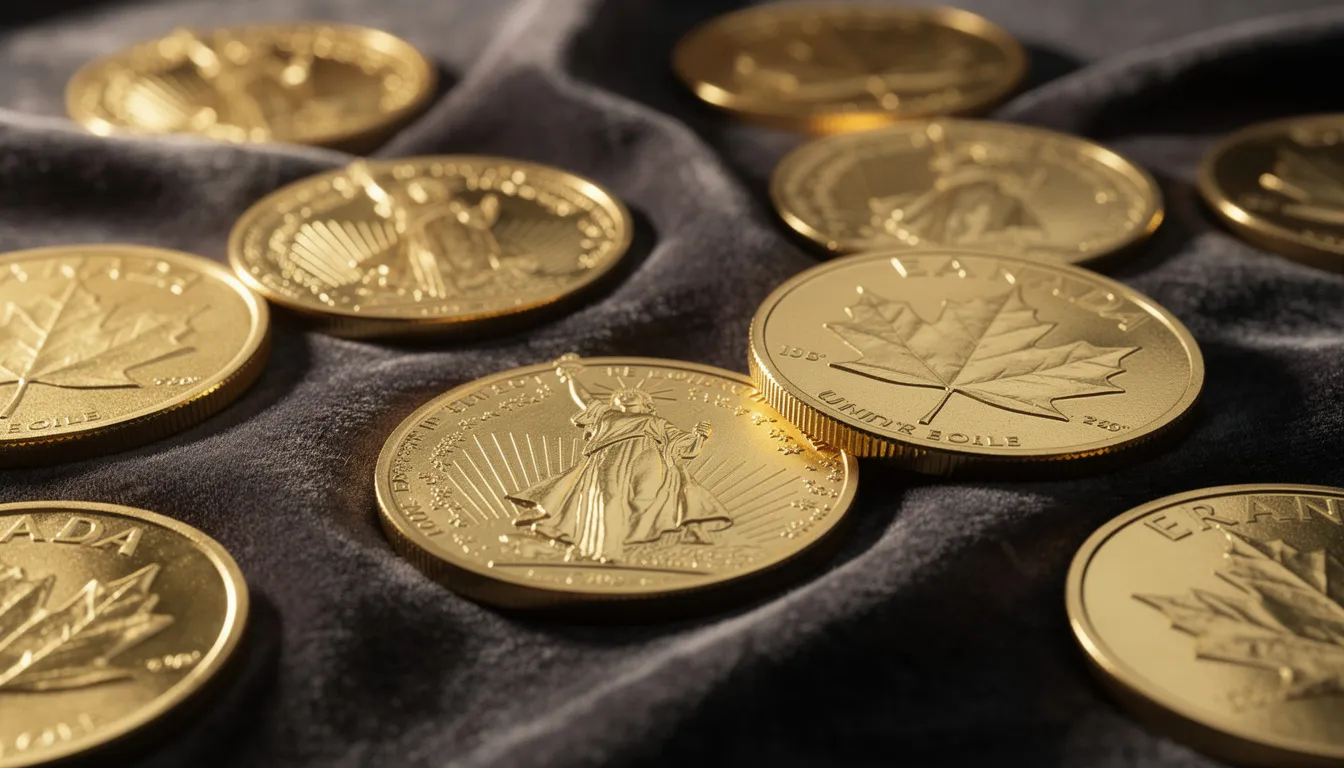 The image features a collection of various gold coins, including American Eagles and Canadian Maple Leafs, elegantly arranged on a dark velvet surface. This display highlights the allure of physical gold as a safe haven asset and a key component for serious retirement investors looking to diversify their retirement portfolios with precious metals.