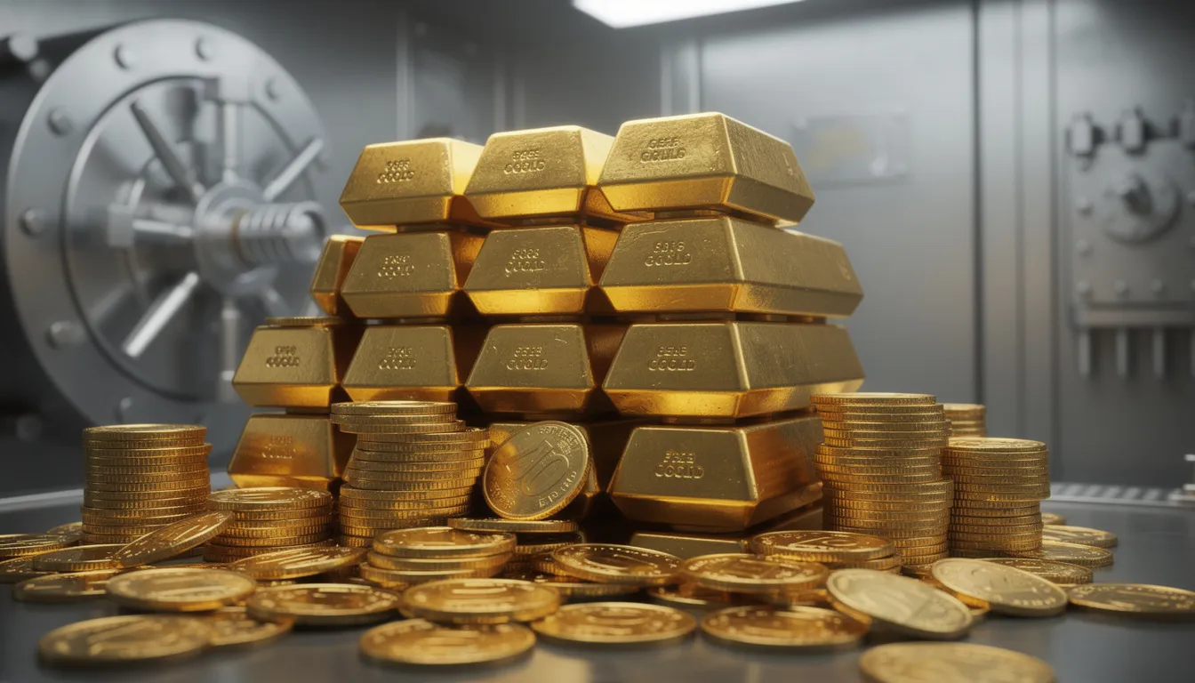The image depicts a secure vault filled with a stack of gold bullion bars and coins, symbolizing a safe haven asset for serious retirement investors. This arrangement highlights the importance of physical gold and precious metals in a diversified retirement portfolio, reflecting the practices of top gold IRA companies.