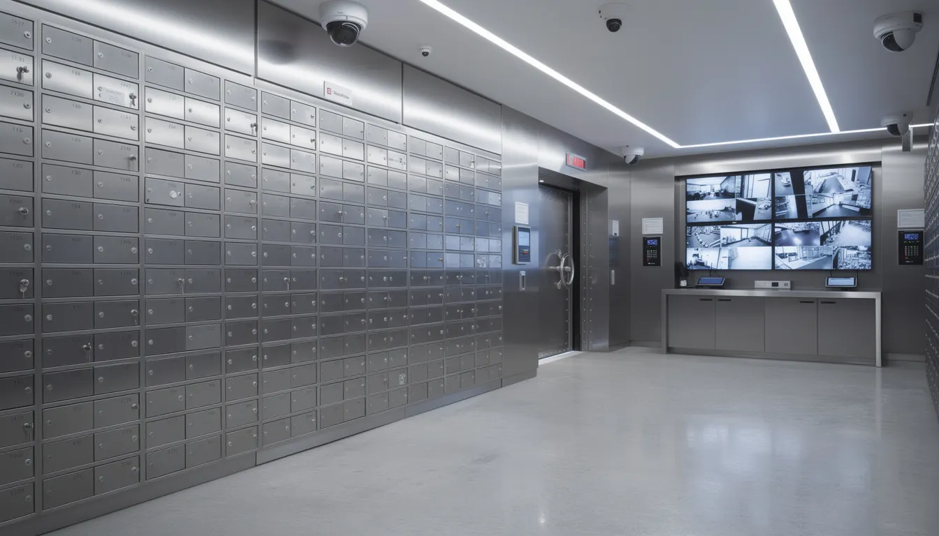 The image depicts a modern secure depository vault featuring rows of safety deposit boxes and advanced surveillance equipment, designed to protect precious metals like gold and silver coins. This secure environment is ideal for serious retirement investors looking to preserve wealth through physical assets in their retirement portfolios.